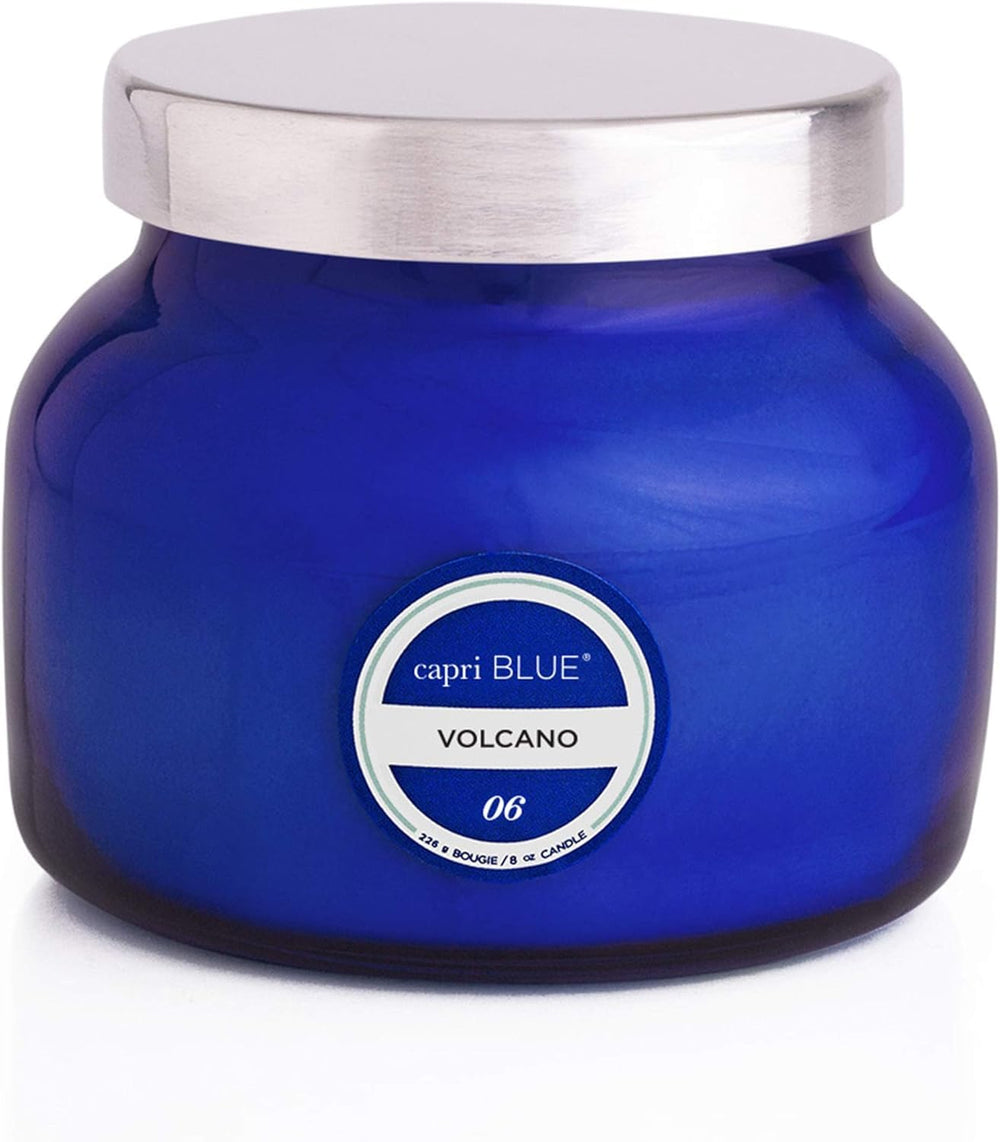 Capri Blue front view of cobalt jar candle showing elegant silhouette and color