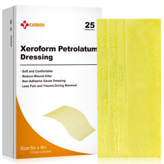 CARBOU front packaging of 25 sterile 5x9 petrolatum dressings showing product branding and count
