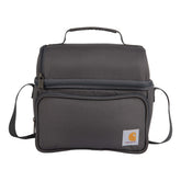 Carhartt front view of gray lunch box showing durable shell and compact design benefit