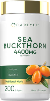 Carlyle front label on 200-count sea buckthorn oil bottle showing product name and benefits