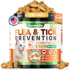 Carmelie front packaging showing jar and 500 chews for easy supply