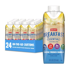 Carnation Breakfast Essentials vanilla front packaging showing serving details and convenience