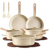 CAROTE 14-piece set front view showing pots pans and lids for versatile cooking