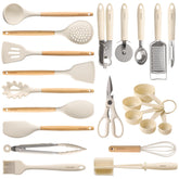 CAROTE front view of 22-piece set showing cream heads and wood handles, stylish storage benefit