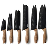CAROTE front view of 12-piece black knife set, clear layout benefit of completeness