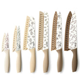 CAROTE floral knife set front view showing all six knives and guards for coordinated storage