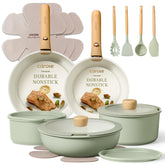 CAROTE cookware front view showing green 19-piece set and included accessories for convenient cooking