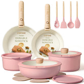 CAROTE front view of pink 19-piece set showing full collection and neat storage benefit