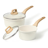 CAROTE front view of white saucepan set showing clean packaging and compact design benefits