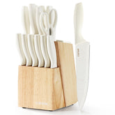 CAROTE knife set front view showing cream blades and block for stylish countertop