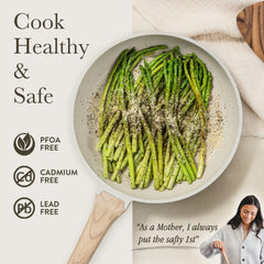 CAROTE side view emphasizing secure handle and drip-resistant rim for comfortable cooking