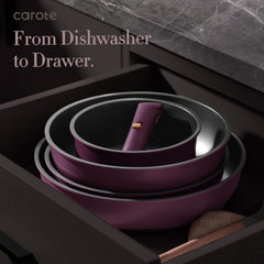 CAROTE stacked pans saved space in a cabinet illustrating compact, organized storage