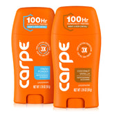 Carpe front packaging of Coconut Vanilla and Fresh Powder two-pack showing product benefit: long-lasting sweat control