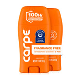 Carpe front packaging two-pack showing fragrance-free clinical-strength protection