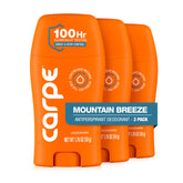 Carpe front packaging showing three-pack and Mountain Breeze scent benefits