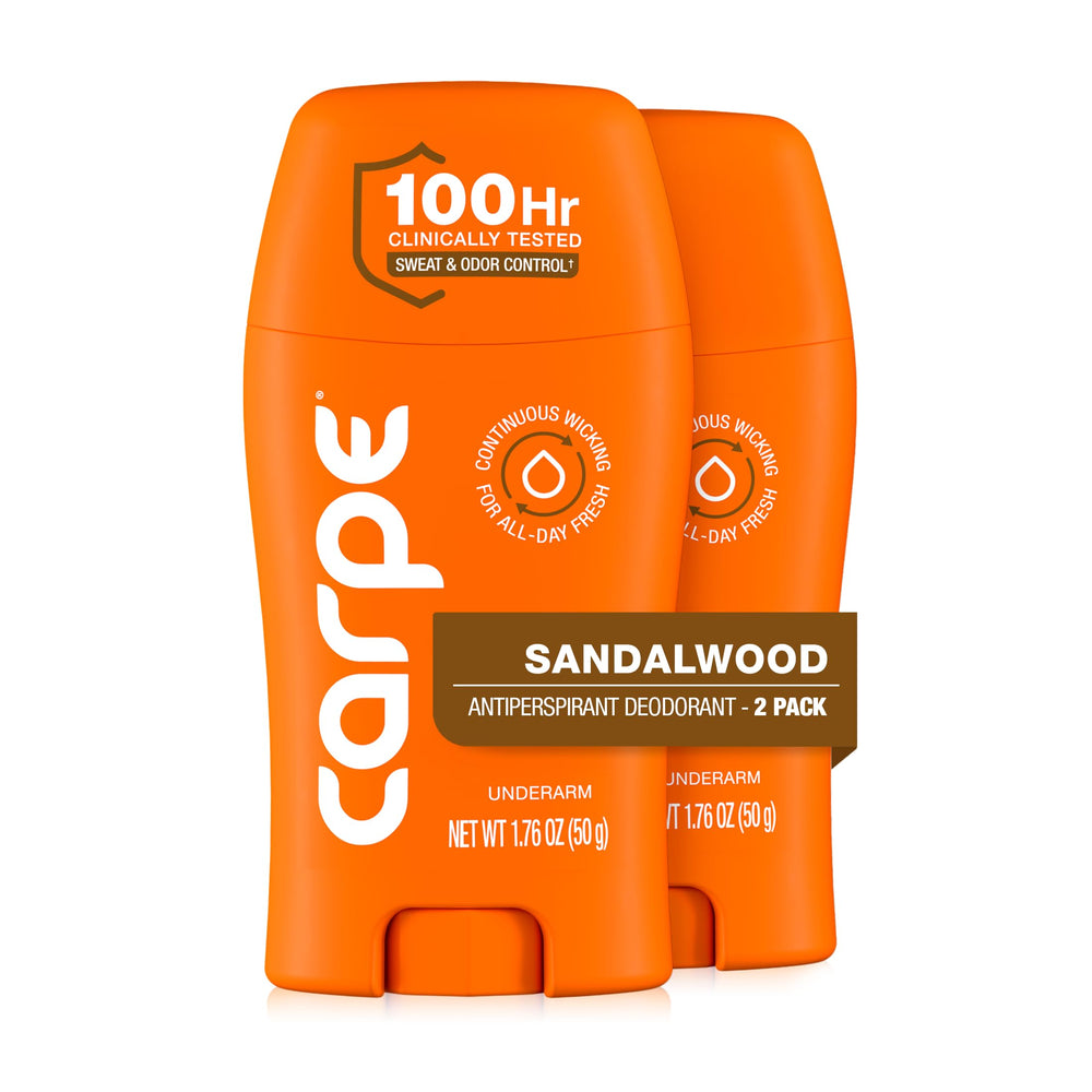 Carpe front packaging showing sandalwood two-pack and brand benefit