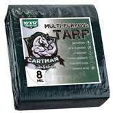 CARTMAN front view of 10x12 green tarp showing full finished size and benefit of clear coverage