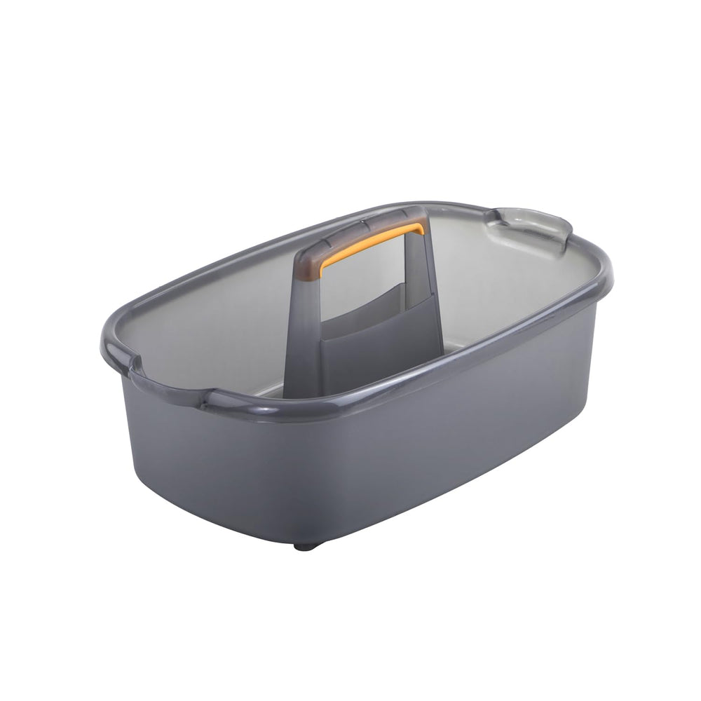 Casabella front view of gray caddy showing organized storage benefit