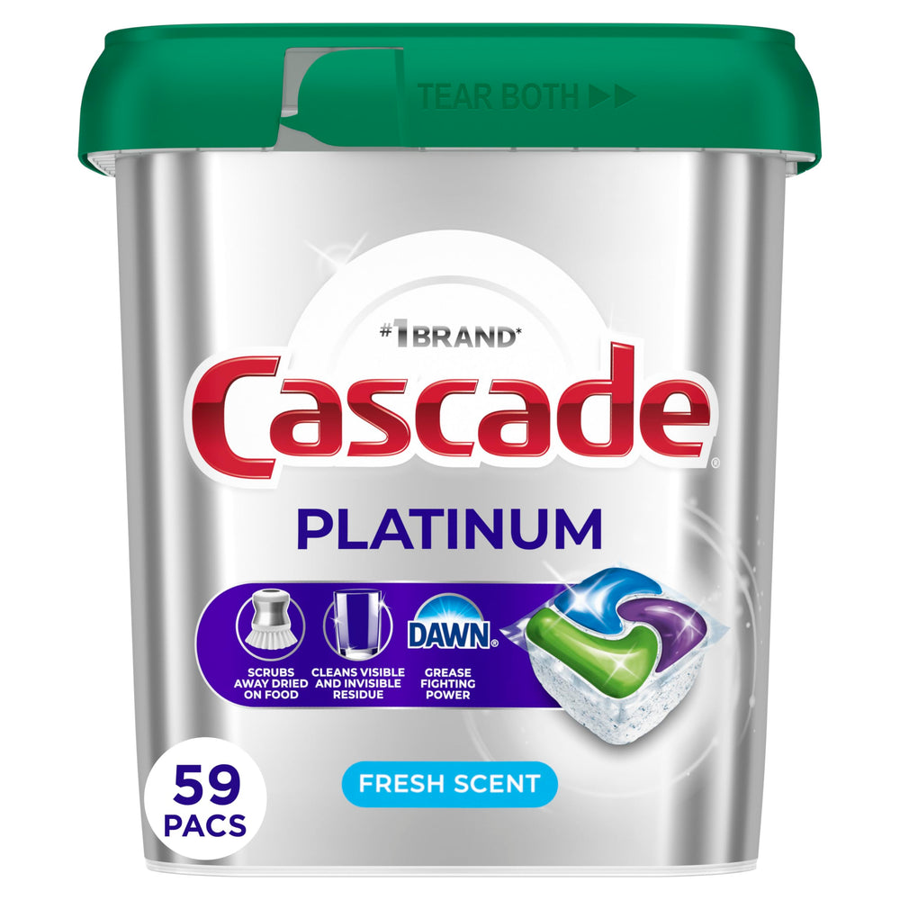 Cascade Platinum front packaging showing 59-actionpac count and fresh scent benefit