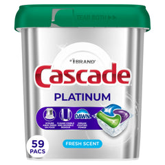 Cascade Platinum front packaging showing 59-actionpac count and fresh scent benefit