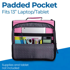 Case-it zip pocket with pens charger and calculator neatly stored for quick access