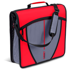Case-it front view of fire engine red zippered binder showing organized exterior pockets and quick access benefit