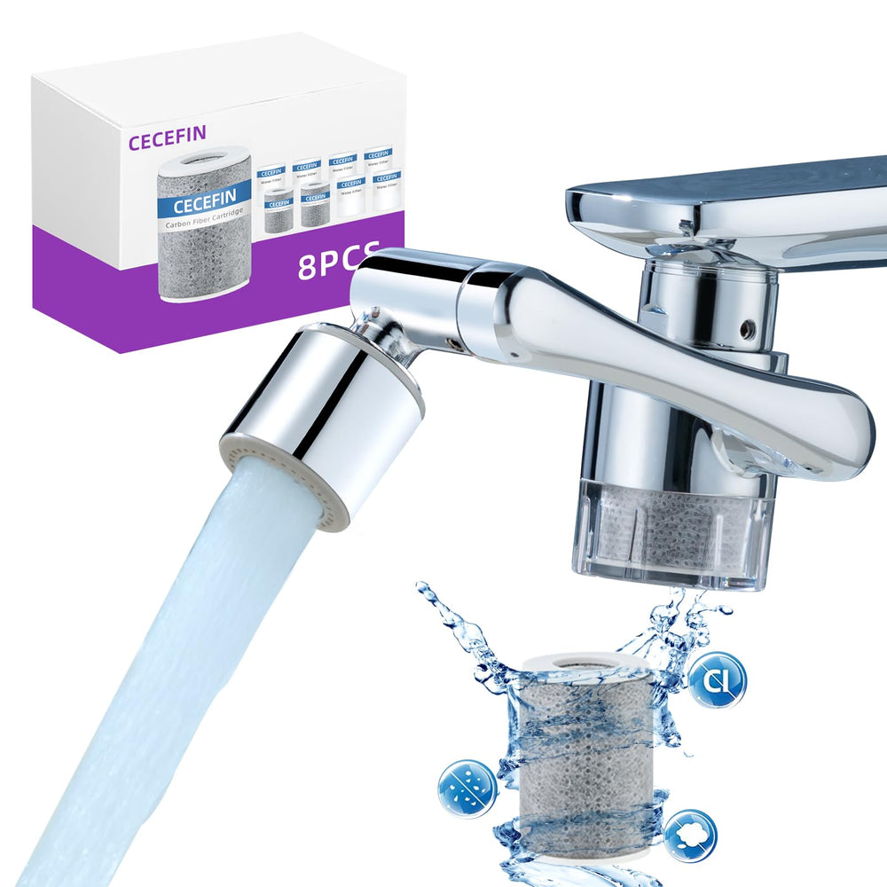 CECEFIN front view installed on faucet showing cleaner water flow benefit