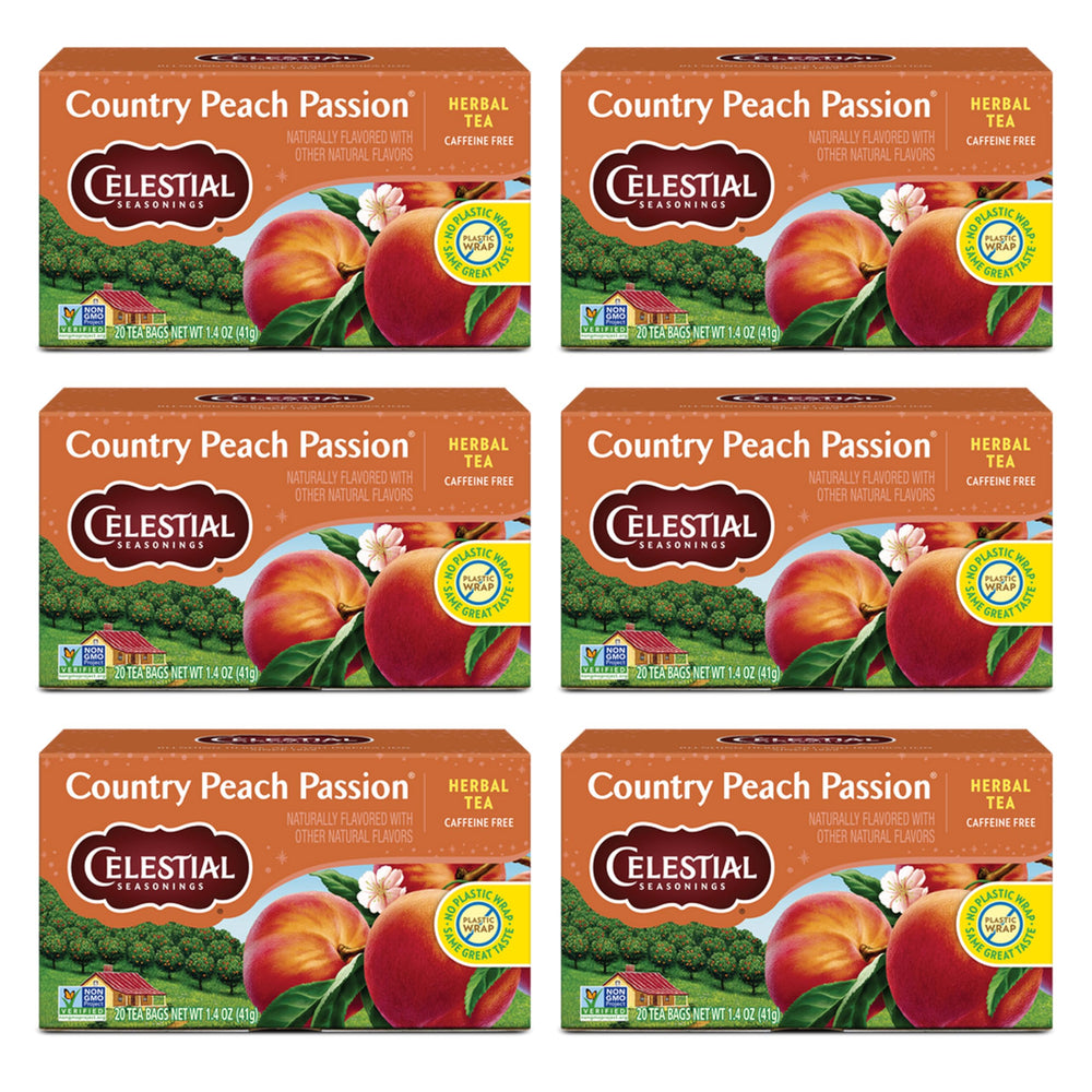 Celestial Seasonings front box showing Country Peach Passion and benefits