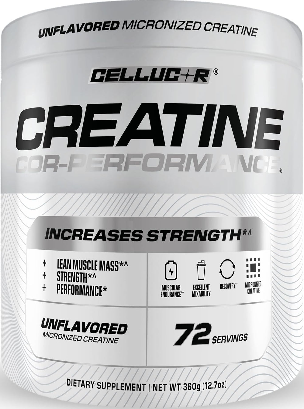 Cellucor tub front view showing product branding and servings benefit
