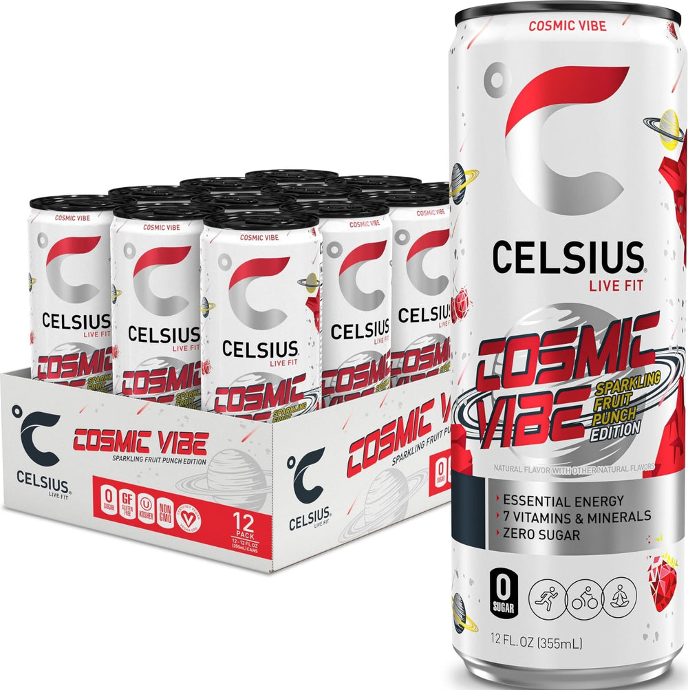CELSIUS front can view showing Cosmic Vibe branding and vibrant colors for visual appeal
