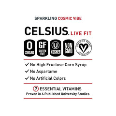 CELSIUS ingredients and MetaPlus label showing vitamins and botanical blend benefits