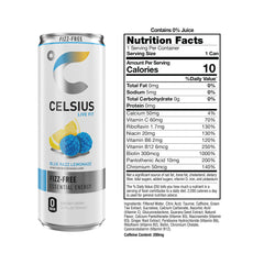CELSIUS slim can side view showing calorie and ingredient highlights