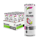 CELSIUS front pack view showing dragon fruit lime flavor and sugar-free benefit