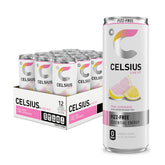 CELSIUS front-facing can showing pink lemonade label and clean energy branding