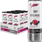 CELSIUS front packaging showing 12-pack with clear branding and convenience