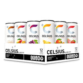 CELSIUS variety pack front packaging showing assorted cans and benefits