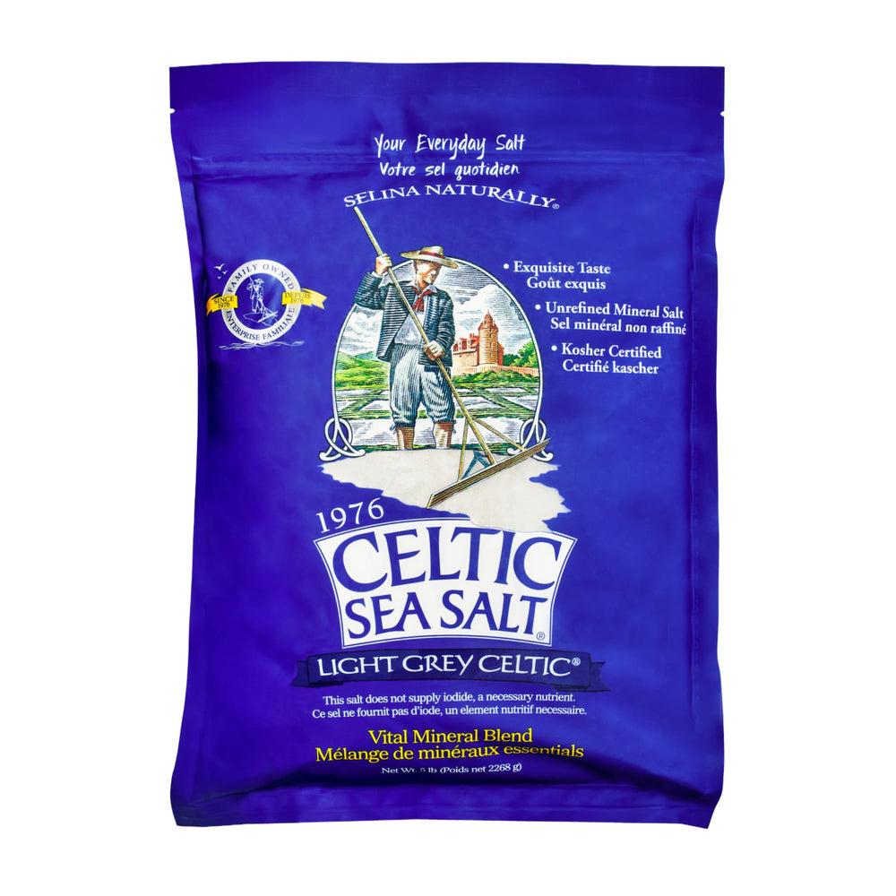Celtic Sea Salt front of package showing 5 lb bulk and brand