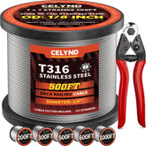CELYND front view of 500ft stainless steel cable spool showing labeling and compact storage benefit