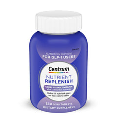 Centrum bottle front view showing brand and 180 count for long-term supply