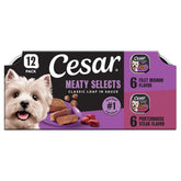 Cesar front packaging showing variety pack and easy-peel trays for convenient feeding