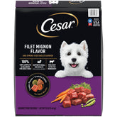 Cesar front packaging of 12 lb bag showing flavor and size, clear shelf benefit