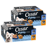 Cesar front packaging puppy variety showing convenient trays and brand trust