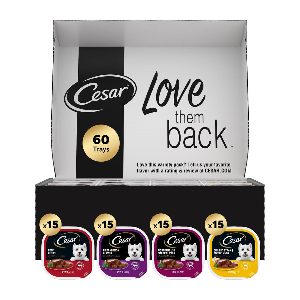 Cesar front tray packaging showing variety pack with clear branding and convenience