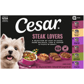 Cesar front packaging showing Steak Lovers variety pack and convenience