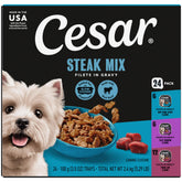Cesar front packaging showing steak mix variety and convenience