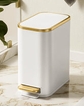 Cesun front view of white trash can showing elegant gold trim and compact profile