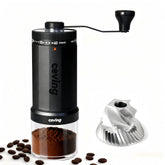 CEVING front view of black grinder showing 60g capacity and sleek design benefit portability