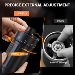 CEVING grinder held in hand to show scale and easy travel convenience