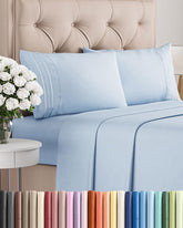 CGK Unlimited front view of queen sheet set showing neat sky blue bedding and comfort