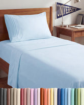 CGK Unlimited front view of Twin XL light blue sheet set showing neat folded stack and packaging for easy selection